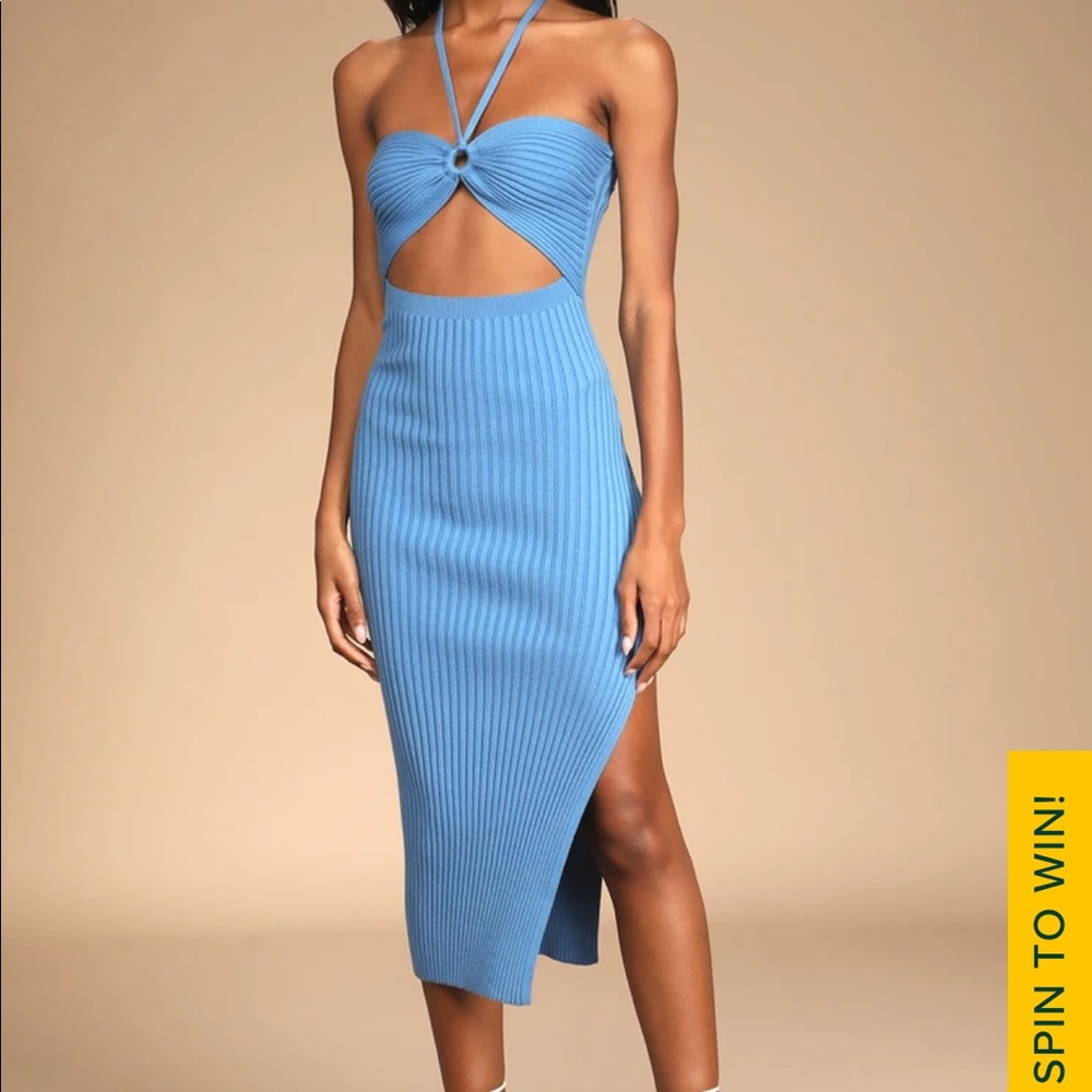Lulus dress leading the trends blue ribbed knit cutout halter midi dress